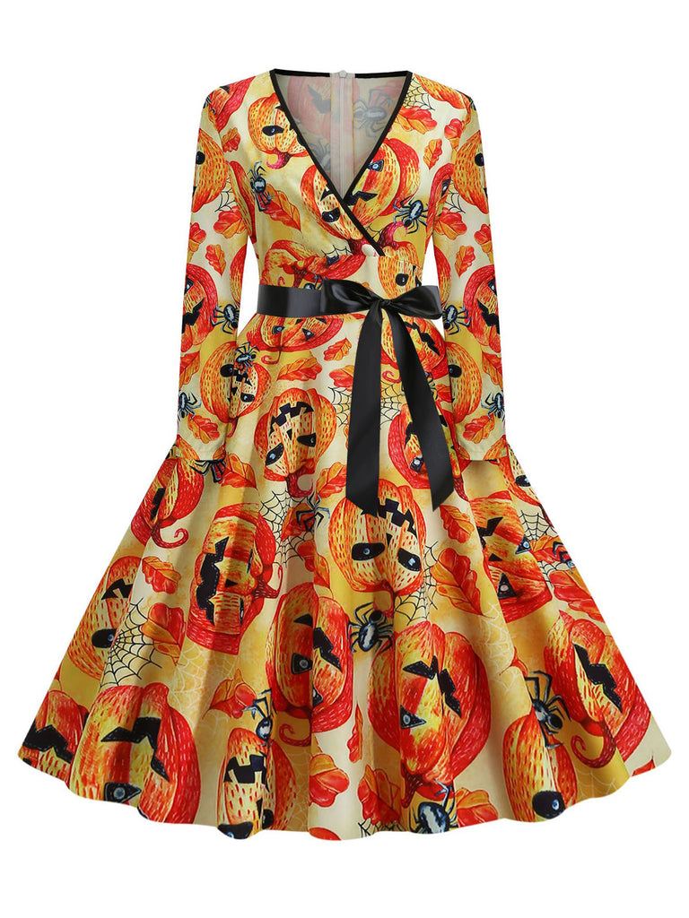 1950s V-Neck Halloween Pumpkin Skull Dress