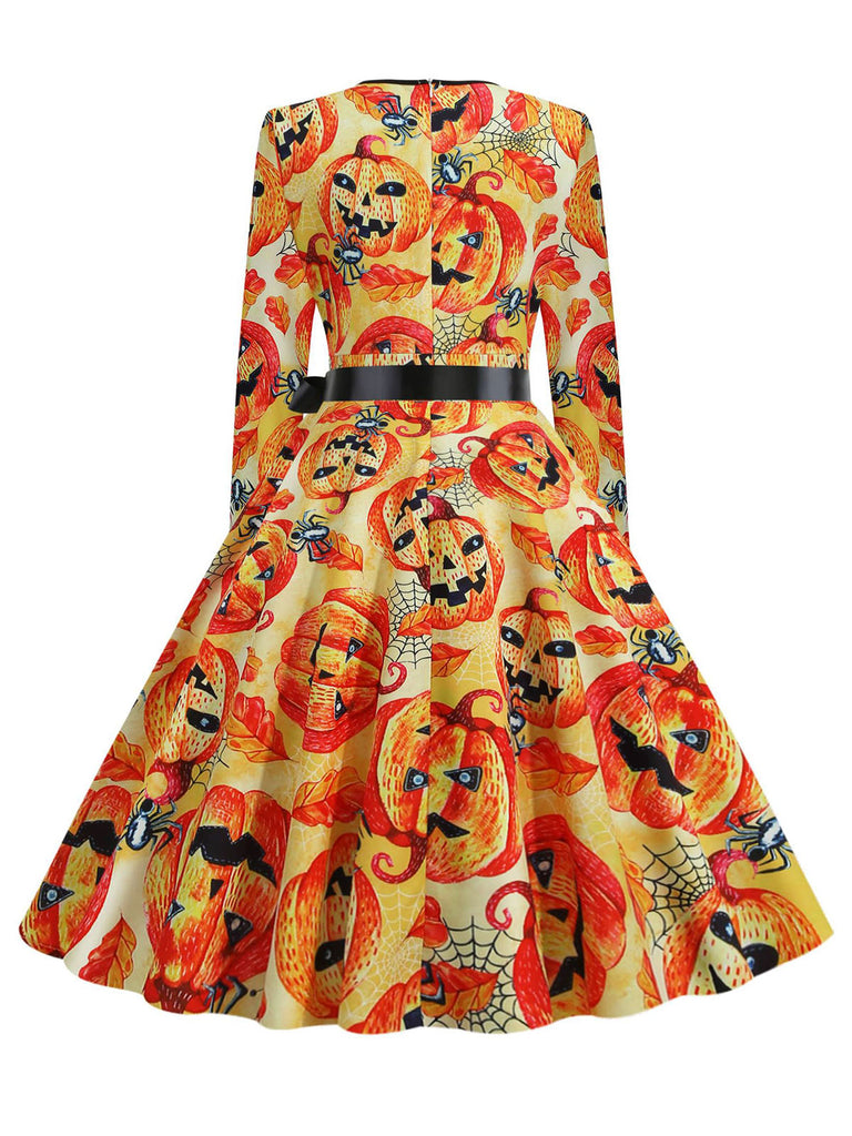 1950s V-Neck Halloween Pumpkin Skull Dress