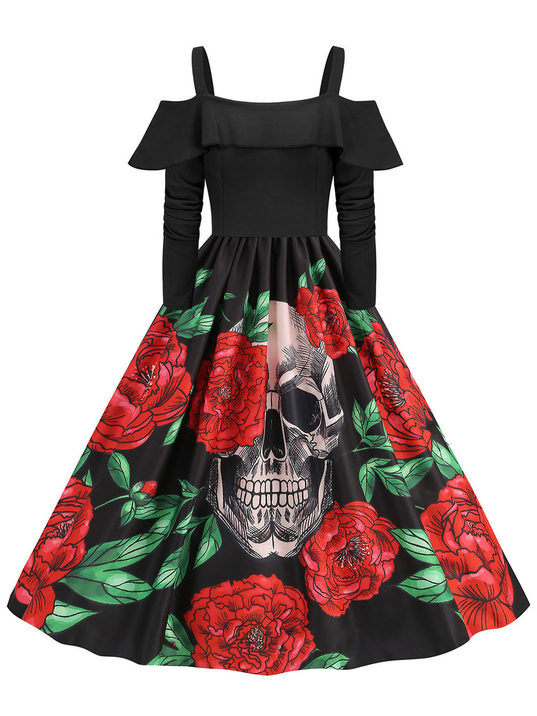 Black 1950s Cold-Shoulder Halloween Skull Roses Dress