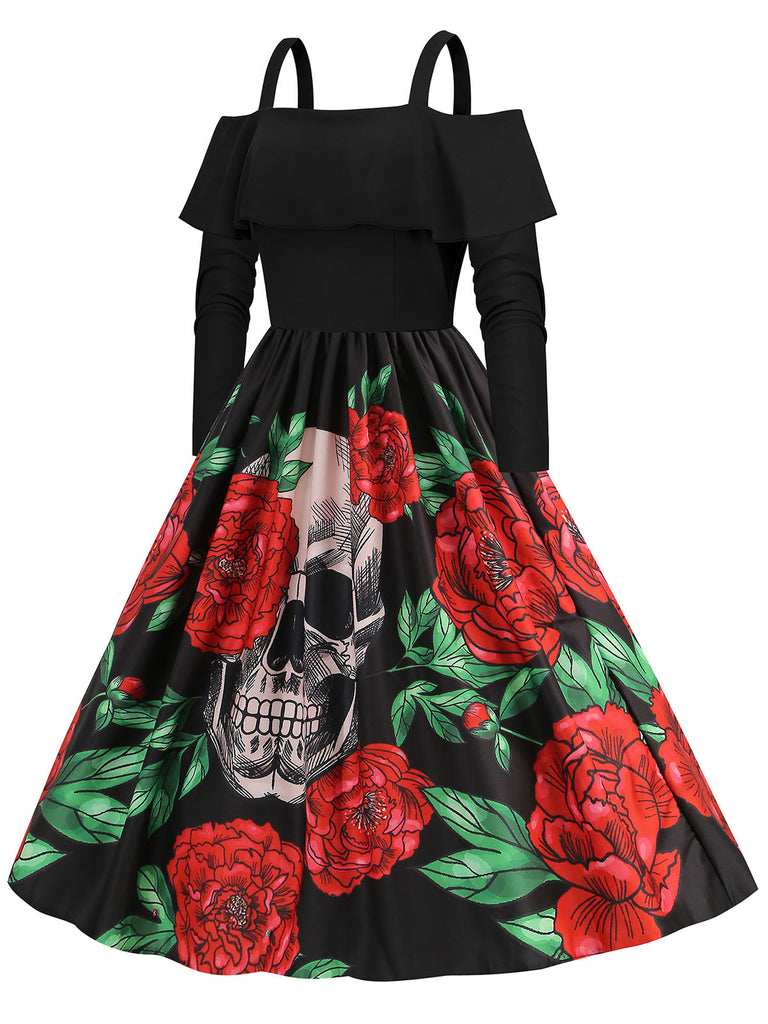 Black 1950s Cold-Shoulder Halloween Skull Roses Dress