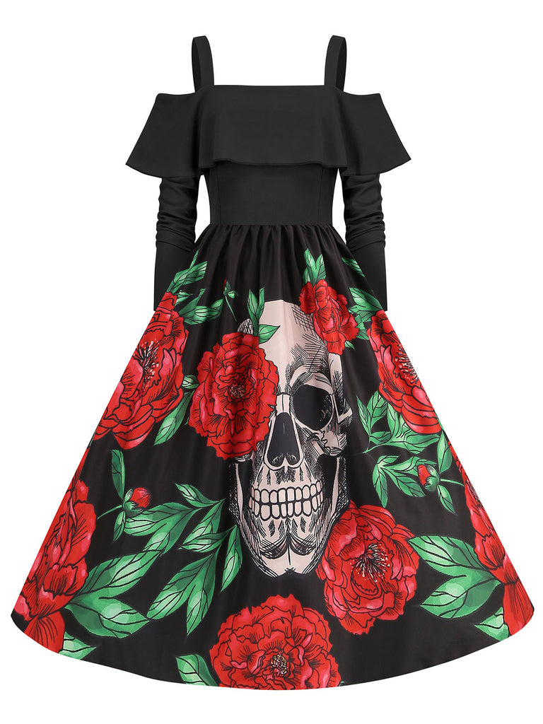 Black 1950s Cold-Shoulder Halloween Skull Roses Dress