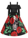 Black 1950s Cold-Shoulder Halloween Skull Roses Dress