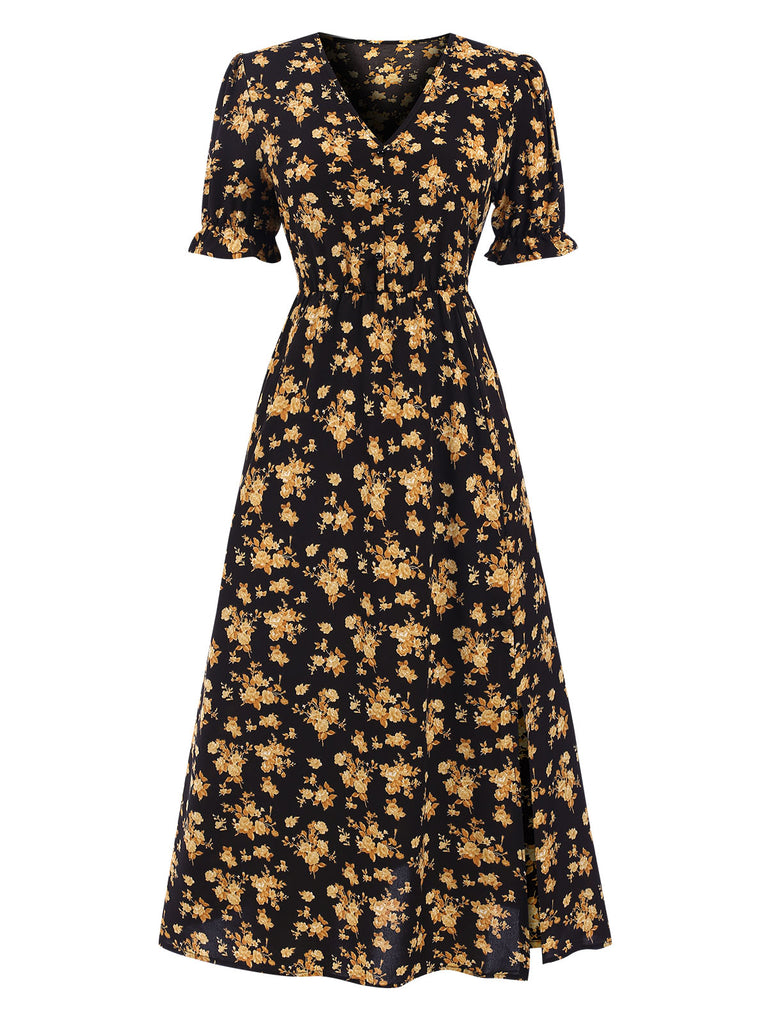 1940s V-Neck Ruffle Boho Floral Midi Dress