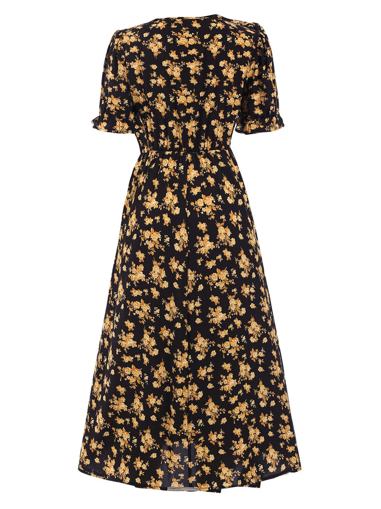 1940s V-Neck Ruffle Boho Floral Midi Dress