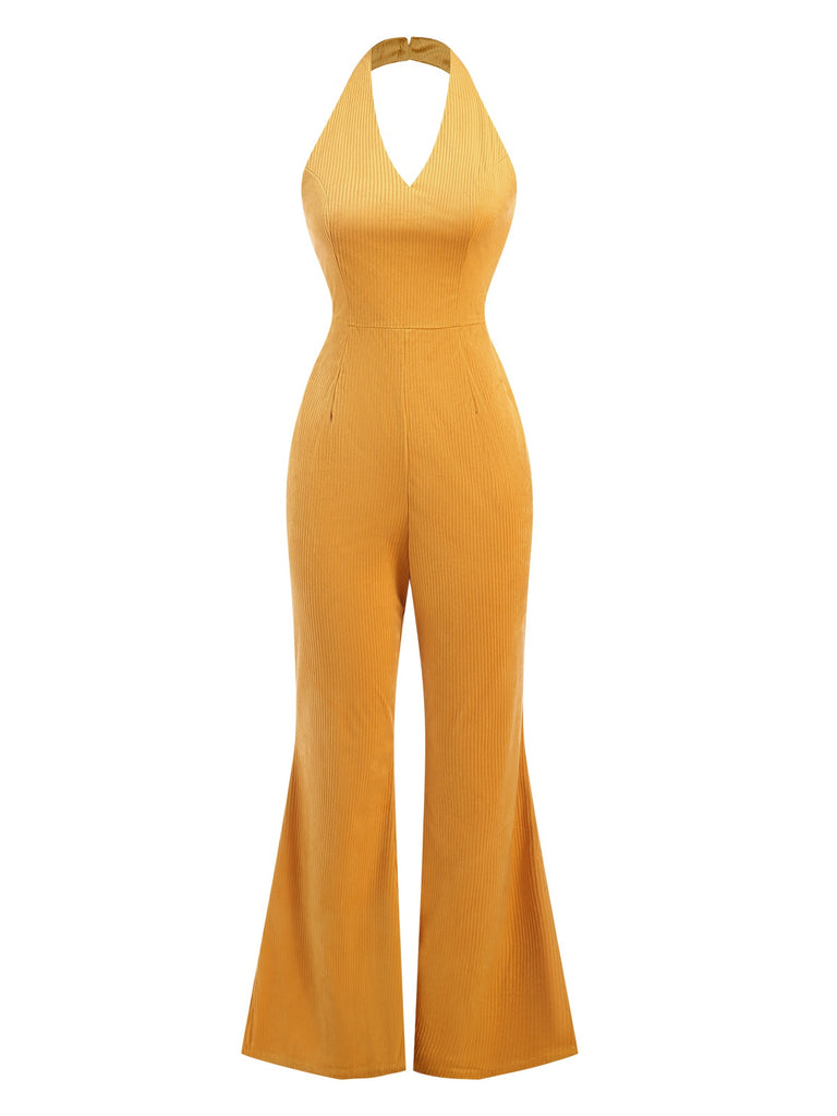 Yellow 1930s Solid Halter Wide Leg Jumpsuit