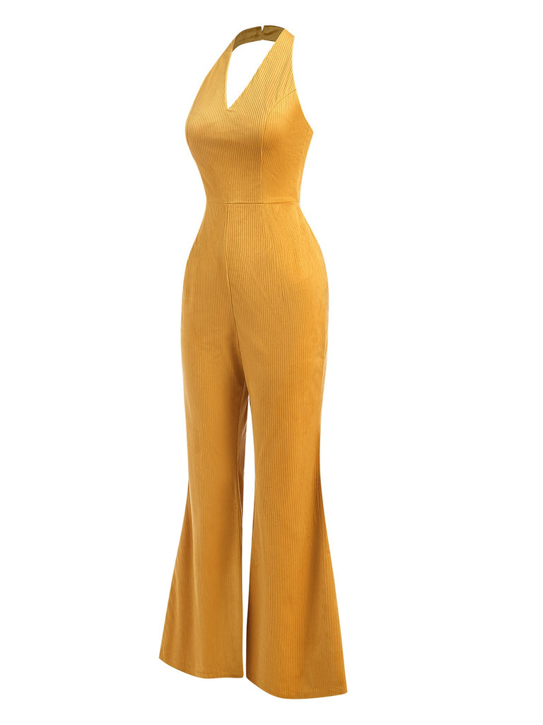 Yellow 1930s Solid Halter Wide Leg Jumpsuit