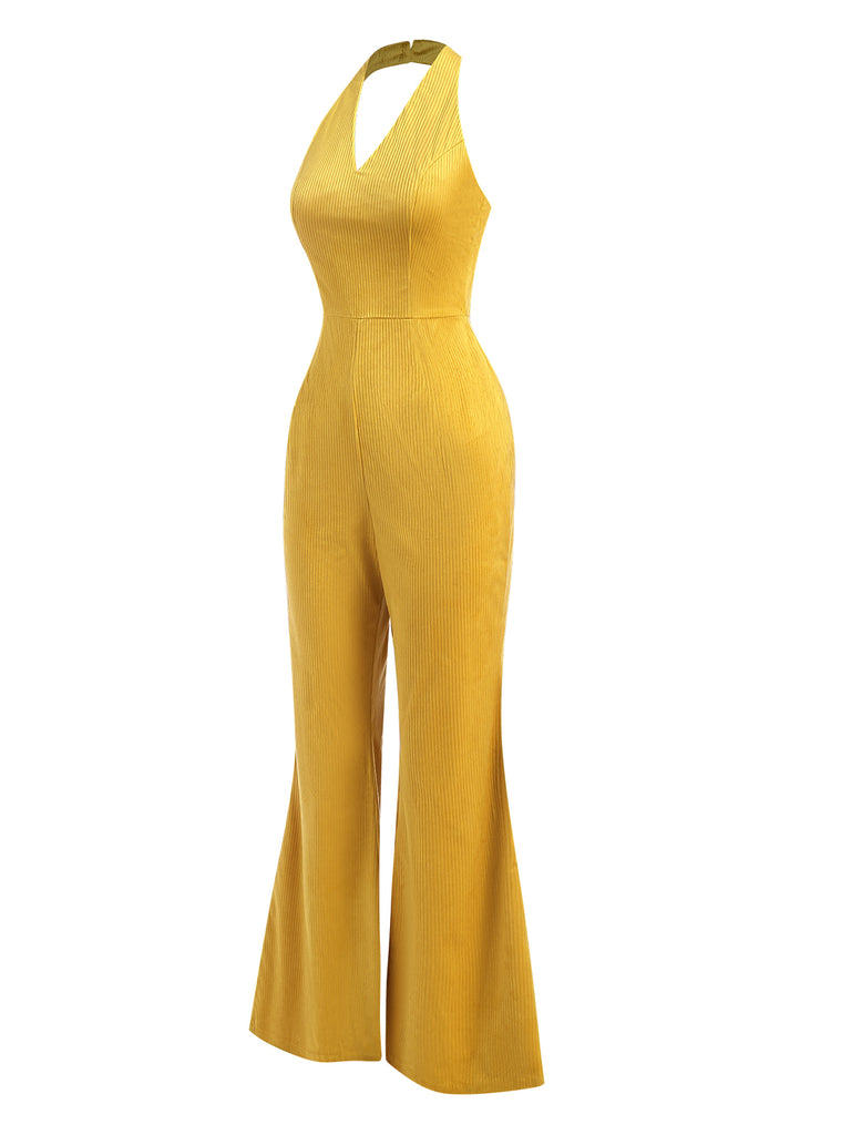 Yellow 1930s Solid Halter Wide Leg Jumpsuit