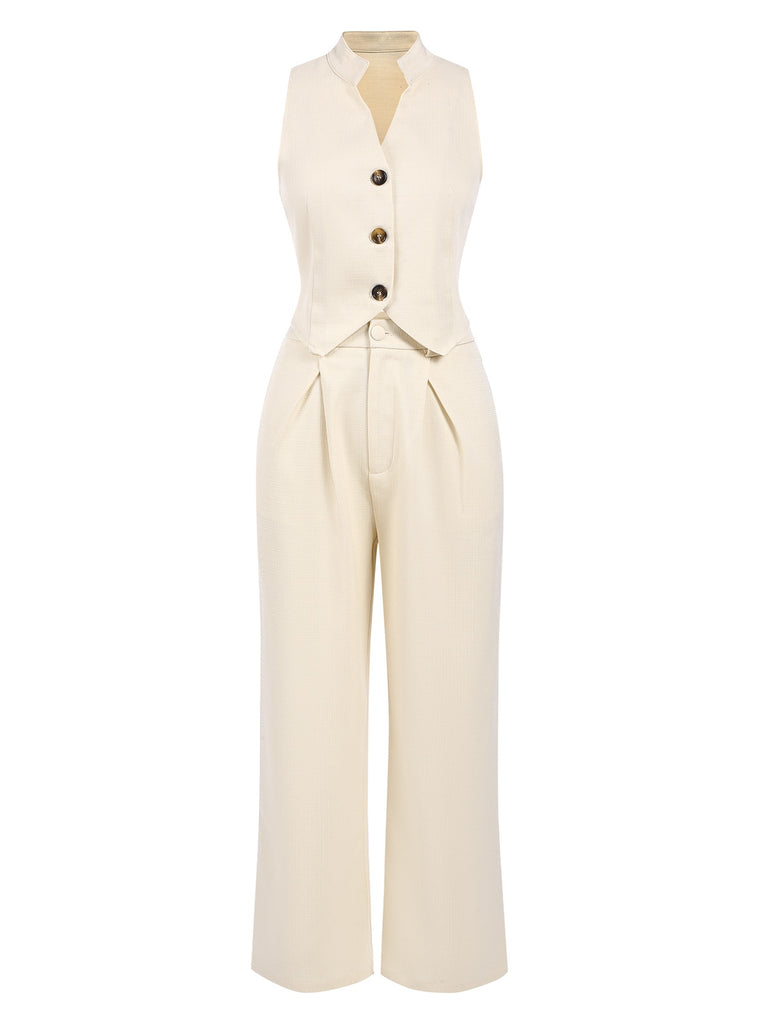 2PCS 1960s Beige Buttoned Vest Top & Pocket Wide Leg Pants