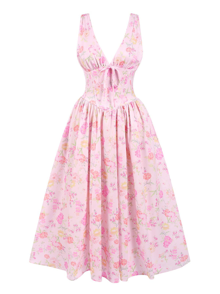 Pink 1950s Deep V-Neck Lace-Up Floral Dress