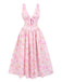 Pink 1950s Deep V-Neck Lace-Up Floral Dress