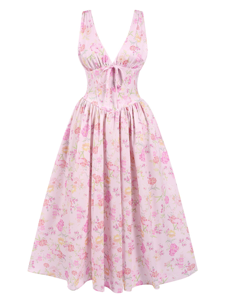 Pink 1950s Deep V-Neck Lace-Up Floral Dress