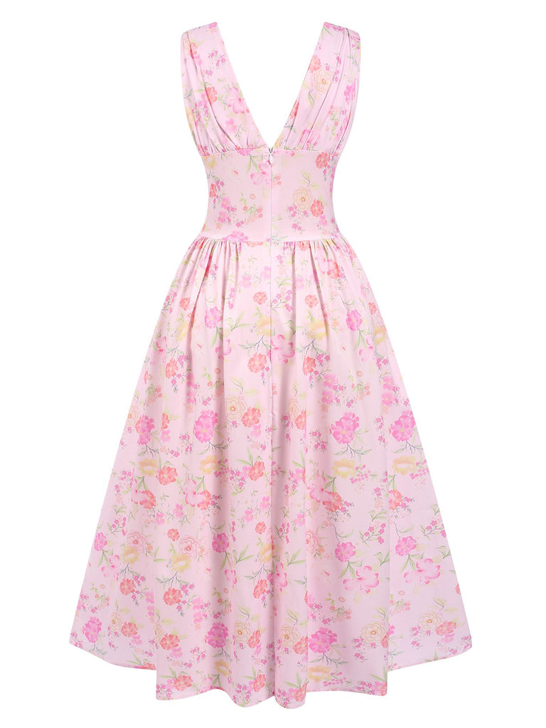 Pink 1950s Deep V-Neck Lace-Up Floral Dress