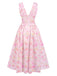 Pink 1950s Deep V-Neck Lace-Up Floral Dress