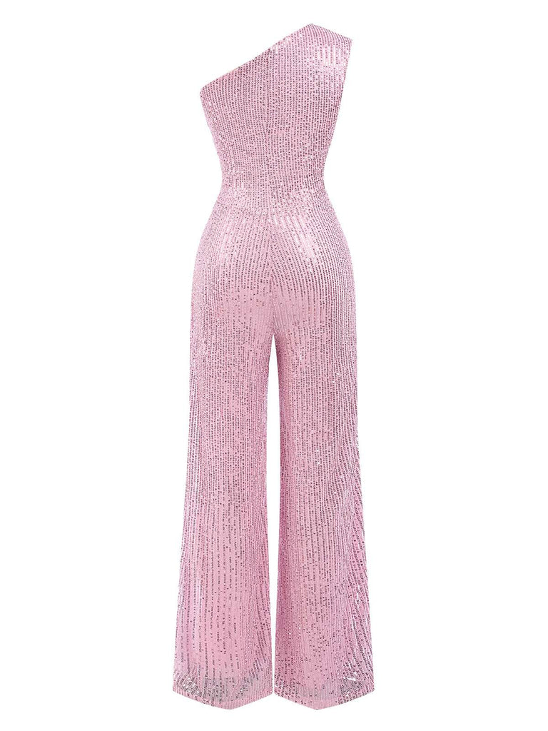 1930s One Shoulder Glitter Solid Jumpsuit