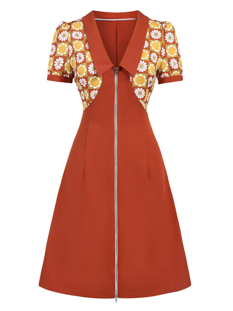 [Pre-Sale] Orange 1960s Daisy Patchwork Lapel Dress