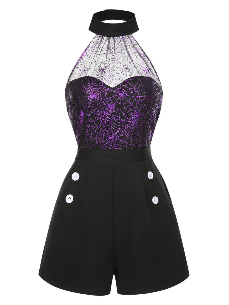 [Pre-Sale] 2PCS Black & Purple 1950s Spiderweb Mesh Romper & Skirt Cover-Up