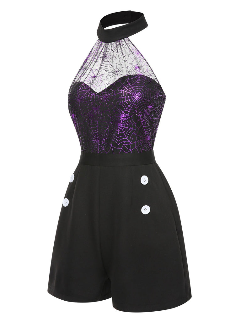 [Pre-Sale] Black 1950s Spiderweb Laser Mesh Halter Romper