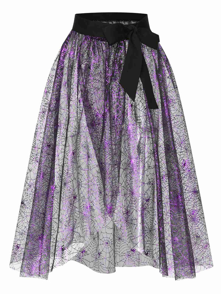 [Pre-Sale] 2PCS Black & Purple 1950s Spiderweb Mesh Romper & Skirt Cover-Up