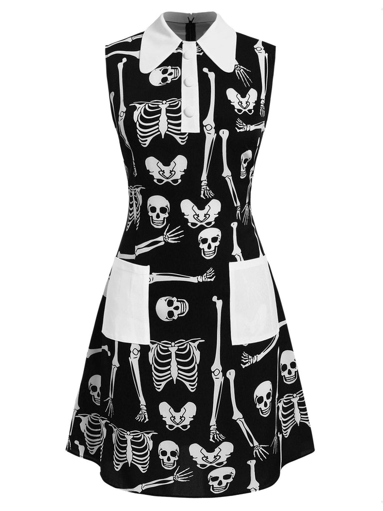 [Pre-Sale] Black 1960s Halloween Skeleton Lapel Mod Dress