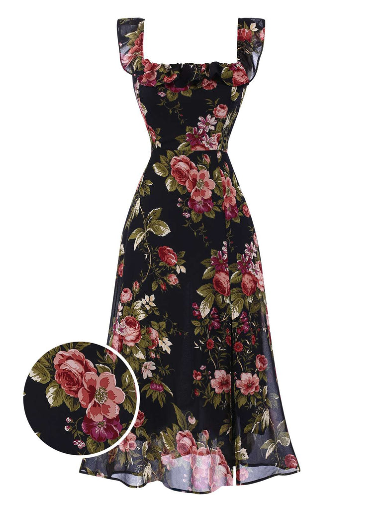 Black 1930s Square Neck Ruffled Floral Dress