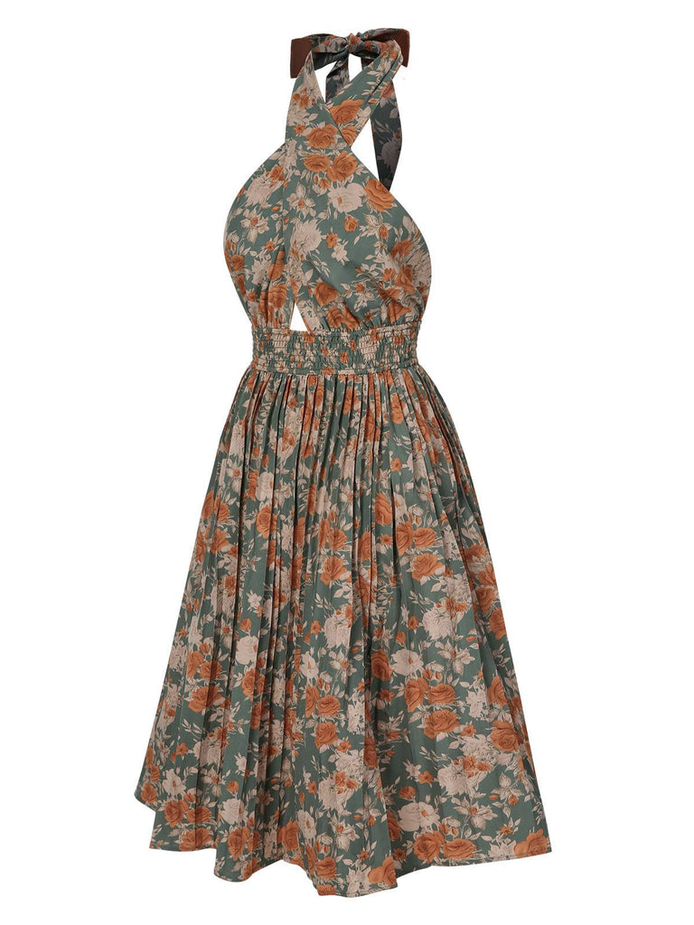 1940s Floral Halter Wrap Keyhole Pleated Dress