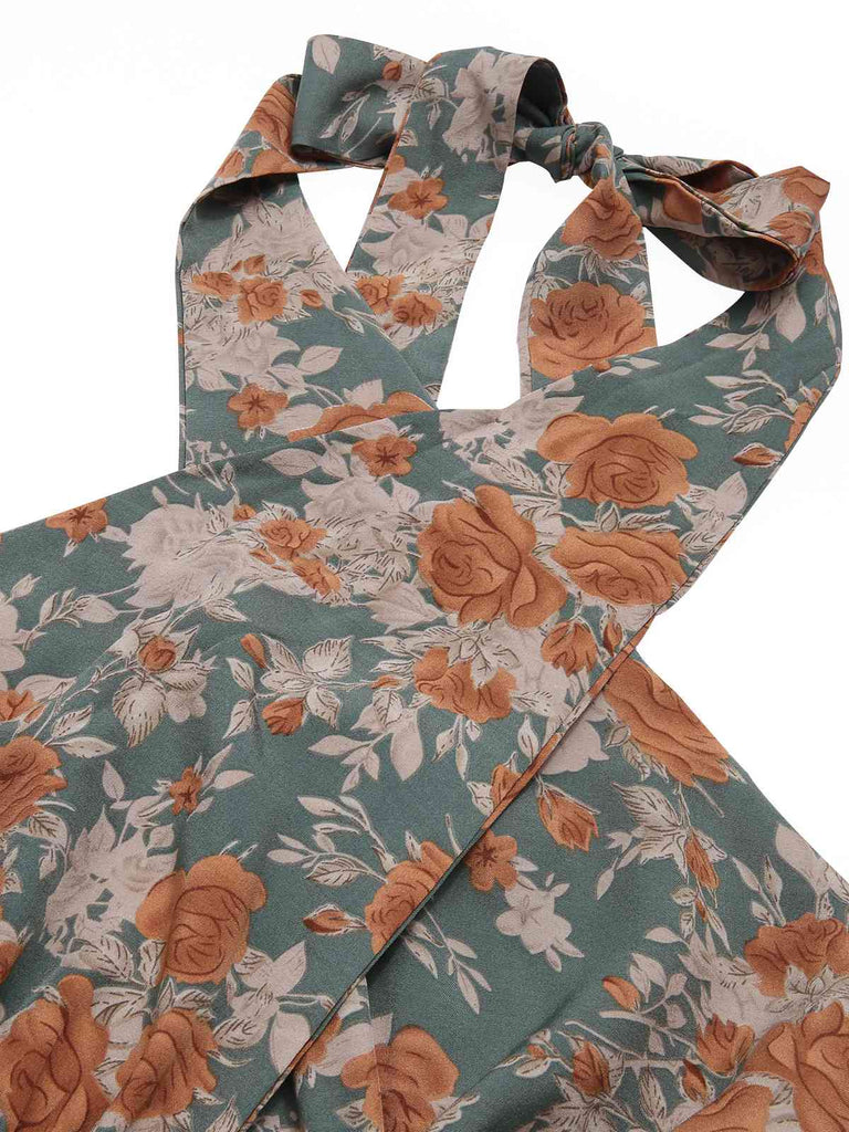 1940s Floral Halter Wrap Keyhole Pleated Dress