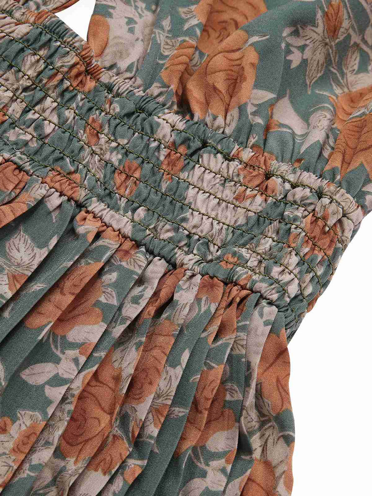 1940s Floral Halter Wrap Keyhole Pleated Dress