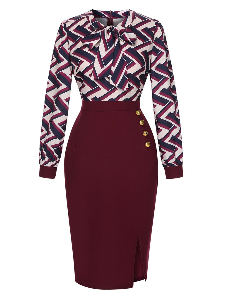 Wine Red 1960s Geometric Patchwork Slit Pencil Dress