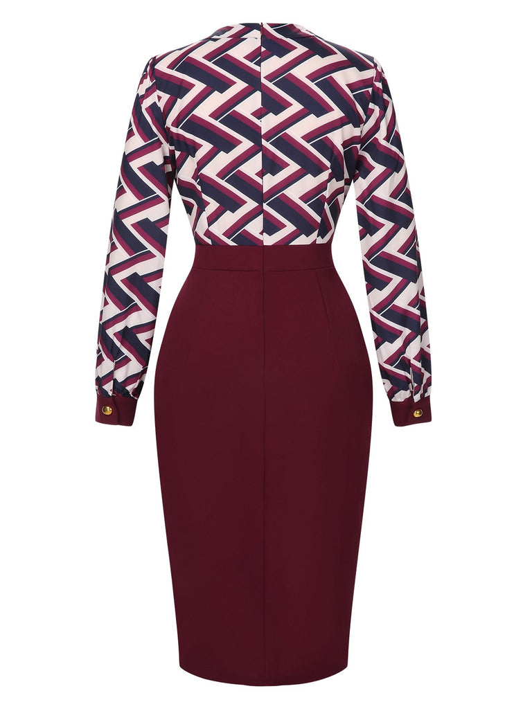 Wine Red 1960s Geometric Patchwork Slit Pencil Dress