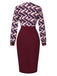 Wine Red 1960s Geometric Patchwork Slit Pencil Dress