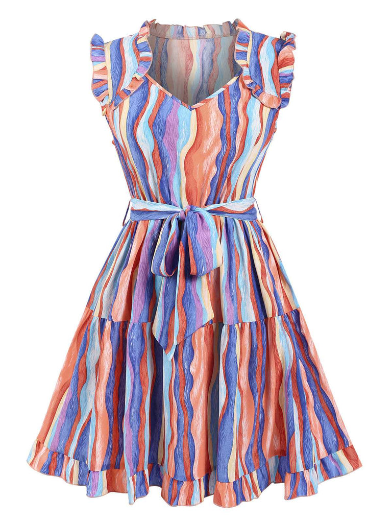 Multicolor 1940s Stripes Flying Sleeve Dress