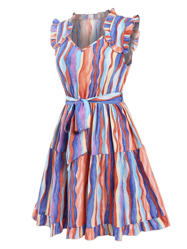 Multicolor 1940s Stripes Flying Sleeve Dress