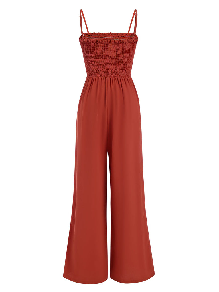 Red 1930s Spaghetti Strap Pleated Ruffles Solid Jumpsuit