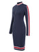 Deep Blue 1960s Stripes Zipper Long Sleeves Dress