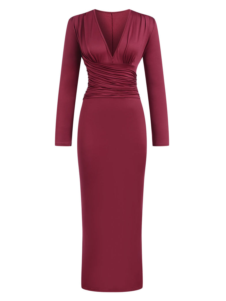 1930s Solid Pleated Waist V-Neck Bodycon Dress