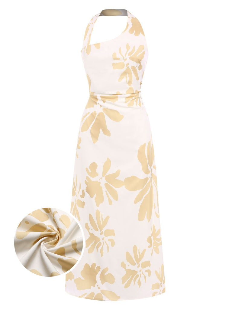 Yellow 1930s Asymmetric Neckline Floral Dress