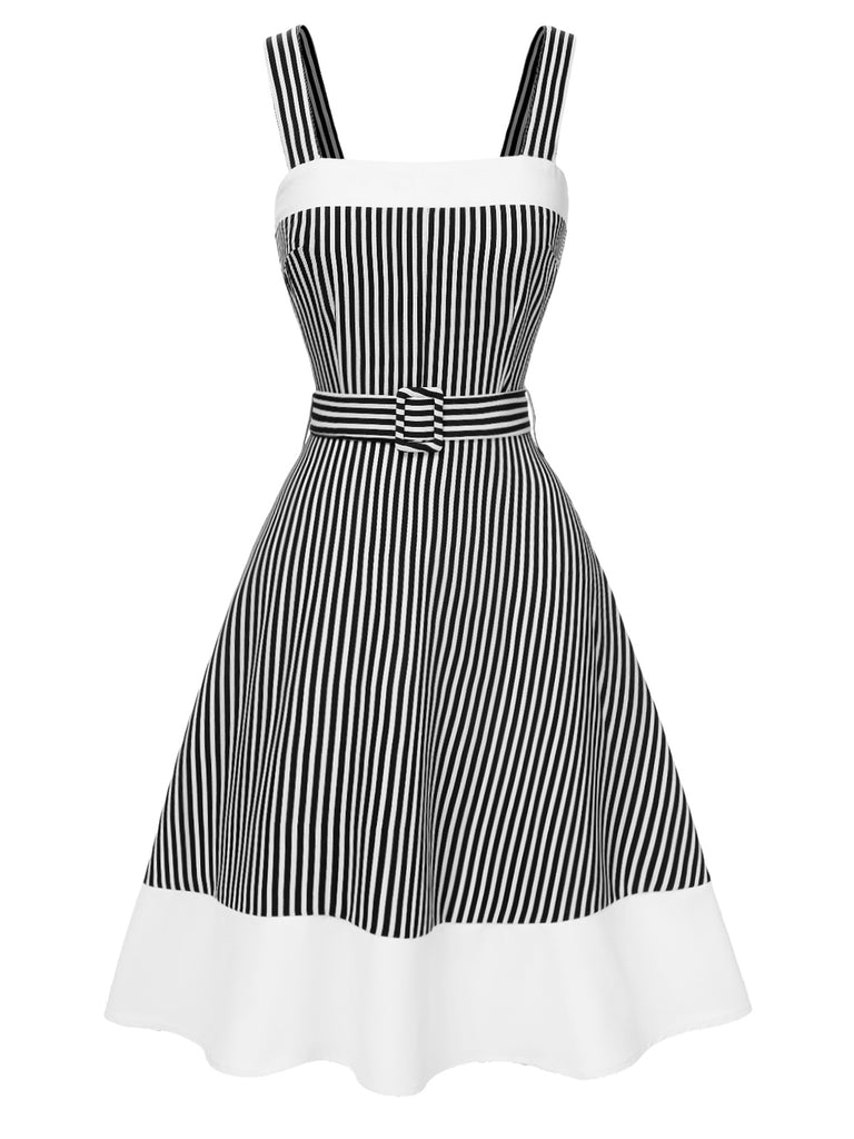 [Pre-Sale] 1950s Black & White Stripes Patchwork Belted Dress