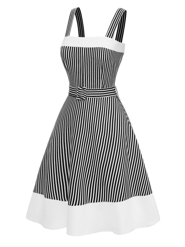 [Pre-Sale] 1950s Black & White Stripes Patchwork Belted Dress