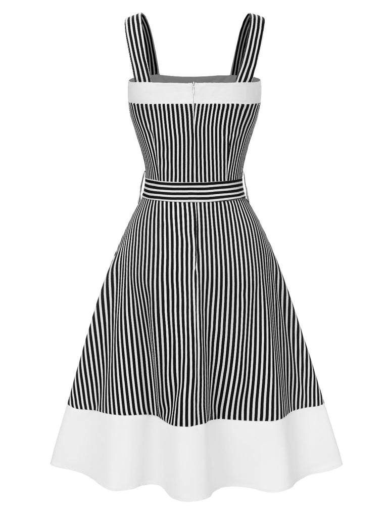 [Pre-Sale] 1950s Black & White Stripes Patchwork Belted Dress