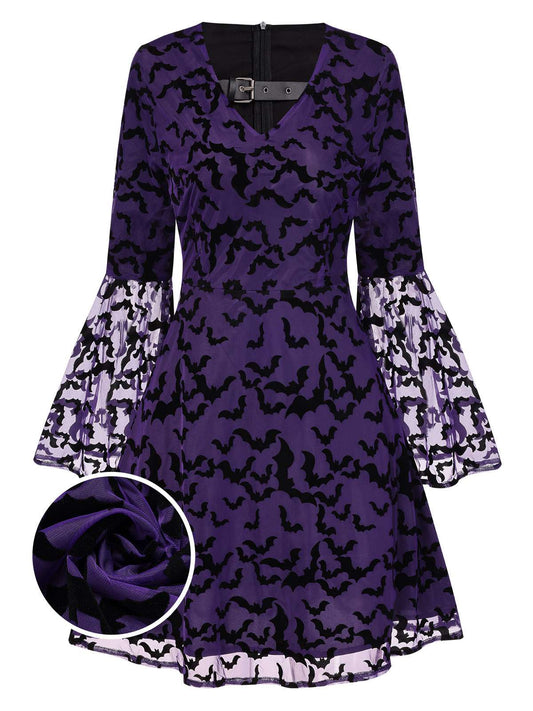 Purple 1960s Bats Mesh Bell Sleeves Dress