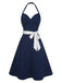 [Pre-Sale] Dark Blue 1950s Solid Halter Dots Belted Dress