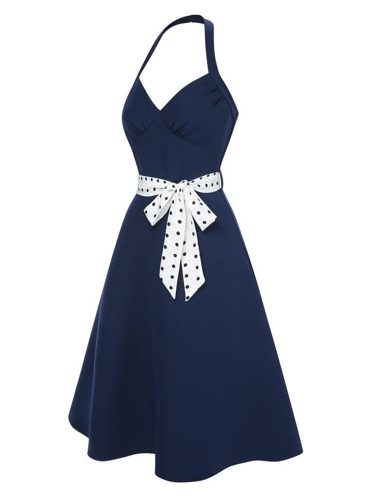 [Pre-Sale] Dark Blue 1950s Solid Halter Dots Belted Dress