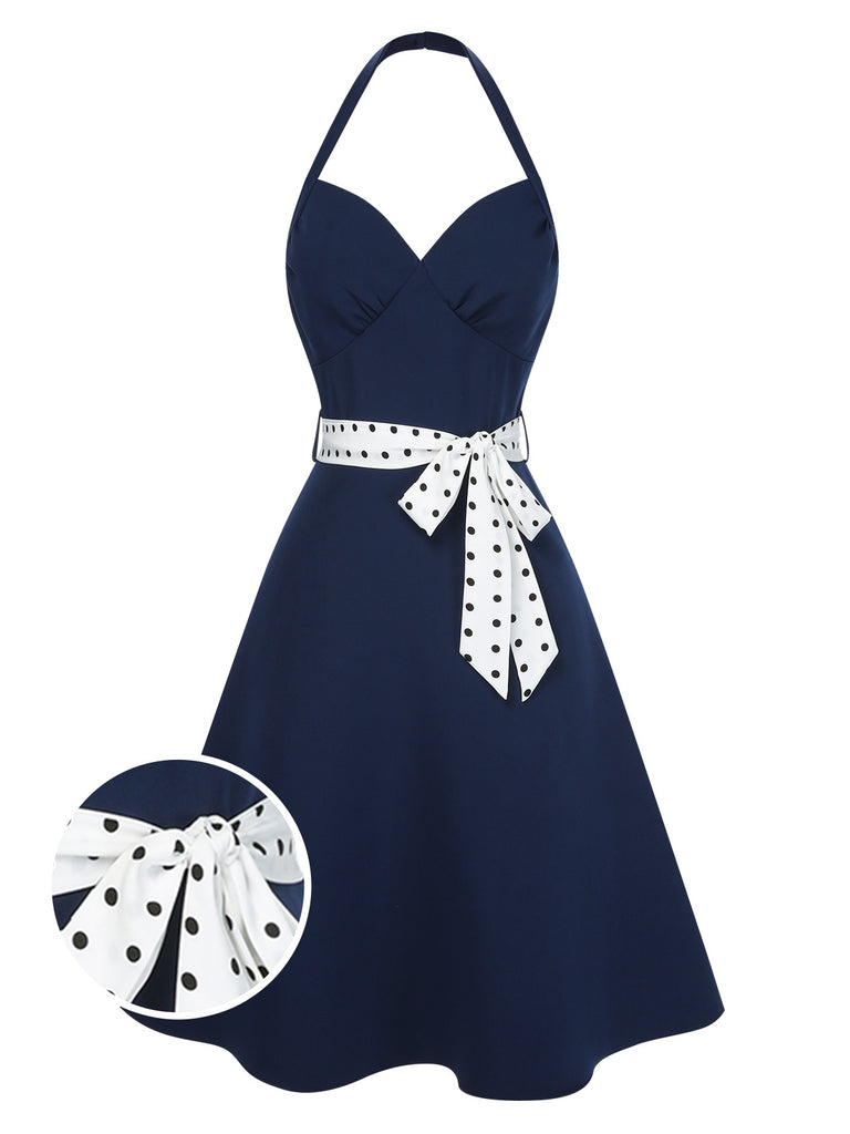 [Pre-Sale] Dark Blue 1950s Solid Halter Dots Belted Dress