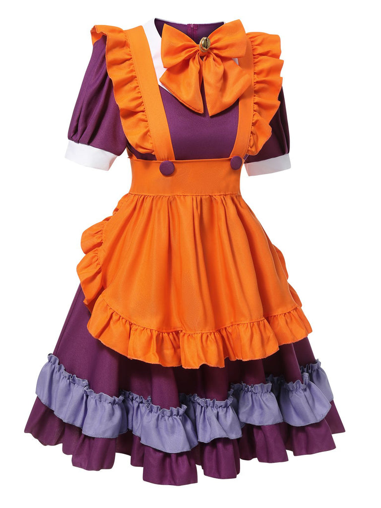 Purple 1950s Oktoberfest Bow Ruffled Hem Dress