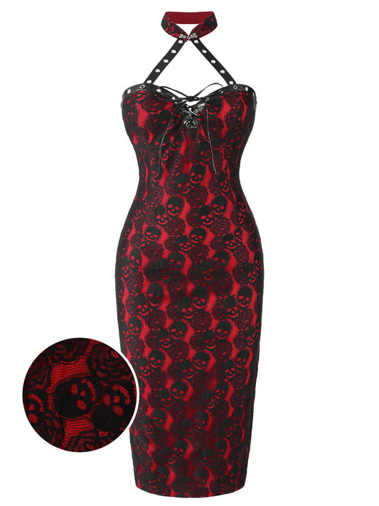 [Pre-Sale] Red 1970s Skull Gothic Halter Pencil Dress