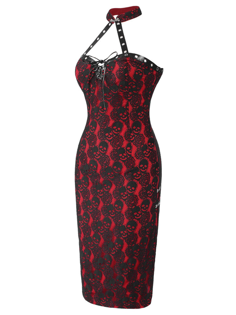 [Pre-Sale] Red 1970s Skull Gothic Halter Pencil Dress