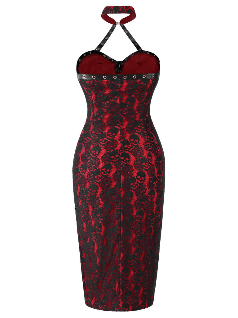 [Pre-Sale] Red 1970s Skull Gothic Halter Pencil Dress