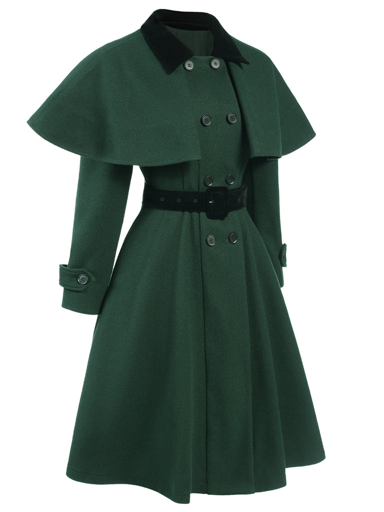 [Pre-Sale] Green 1930s Double-Breasted Belted Coat With Cape