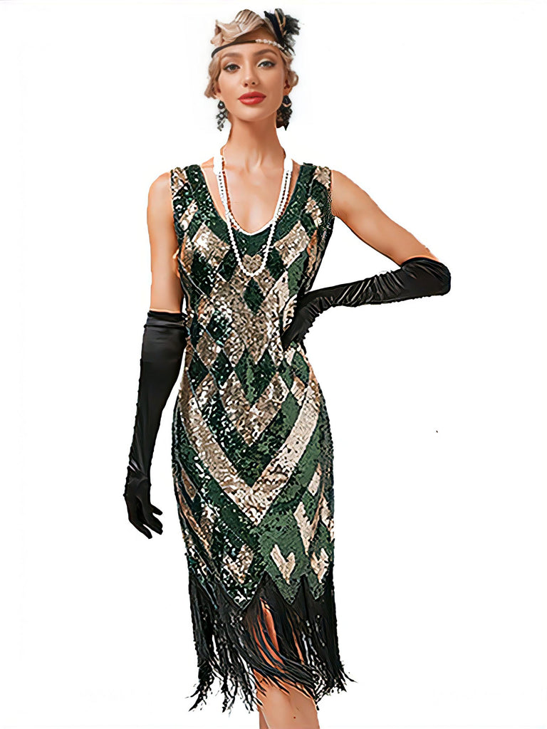 1920s V-Neck Sequined Fringe Evening Dress