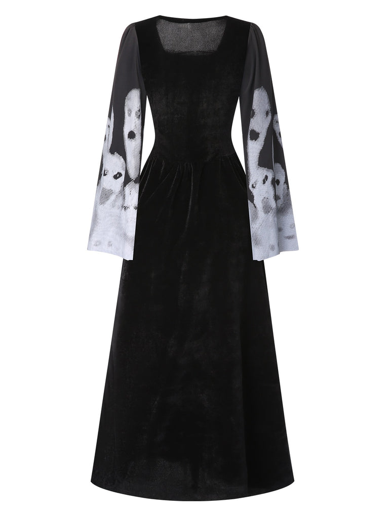 Black 1940s Halloween Ghost Lace-Up Dress with Shawl